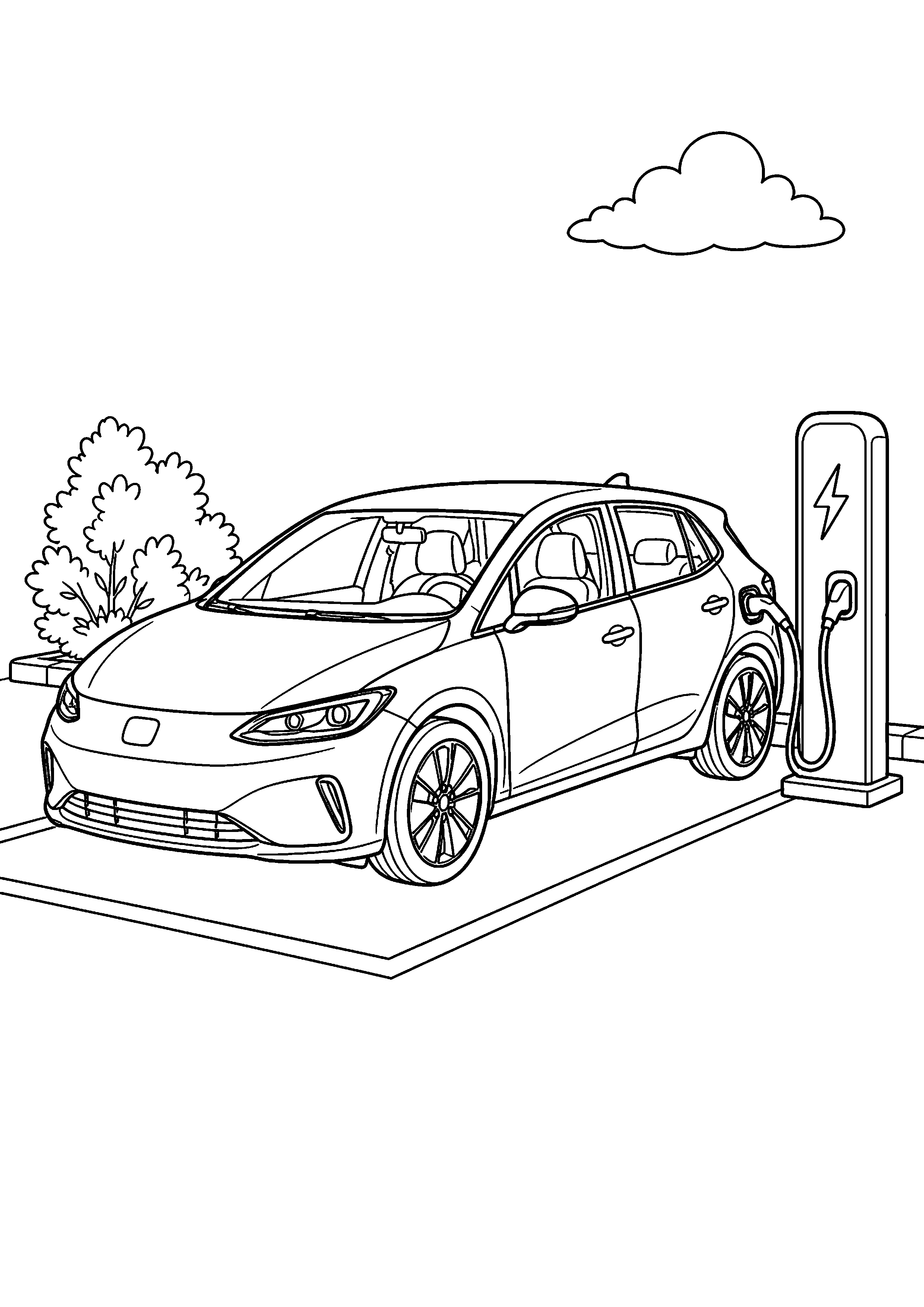 Samochód elektryczny przy ładowarce – czarno-biała kolorowanka