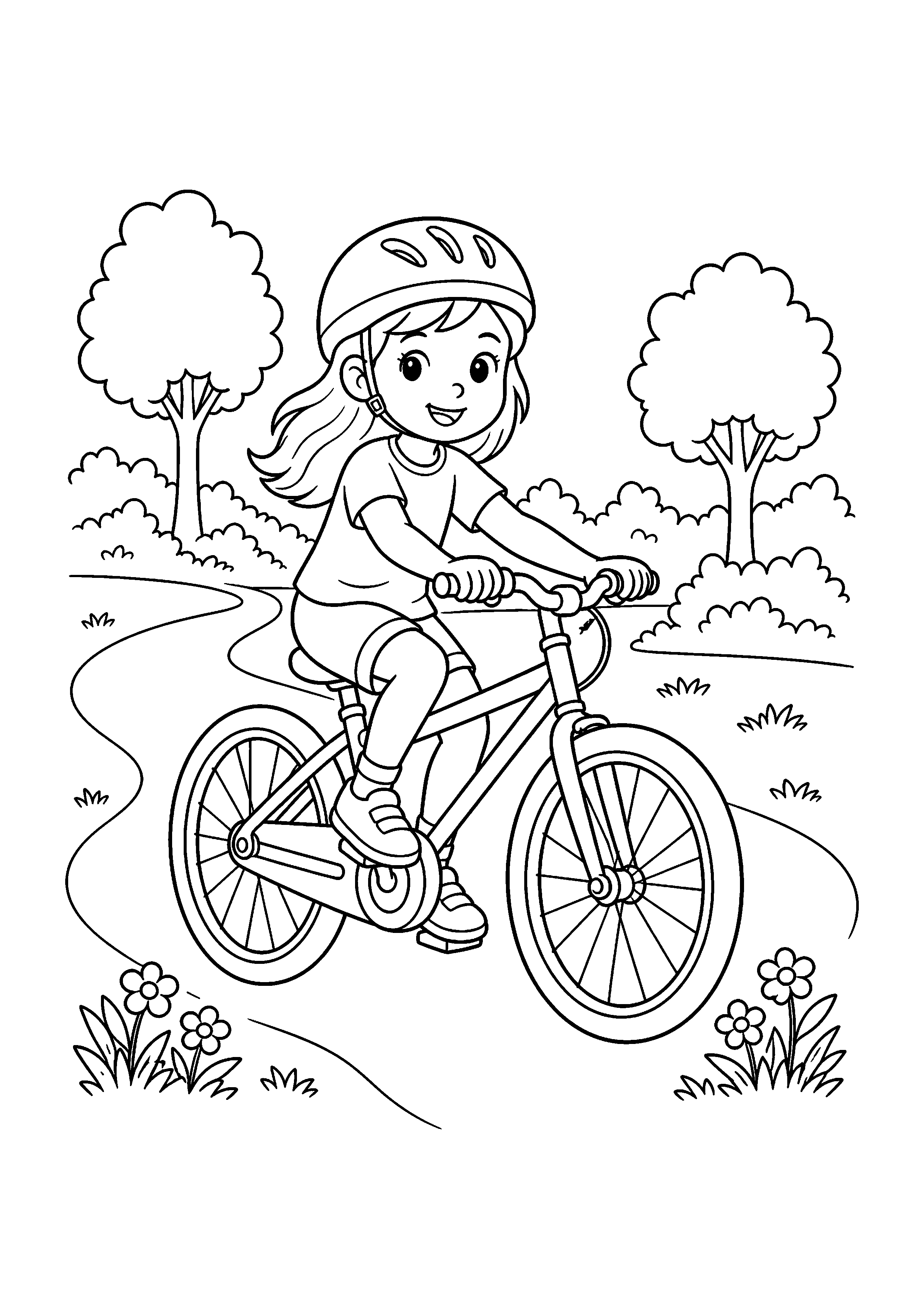 Dziewczynka na rowerze – kolorowanka – czarno-biała kolorowanka