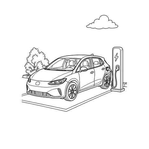Samochód elektryczny przy ładowarce – czarno-biała kolorowanka