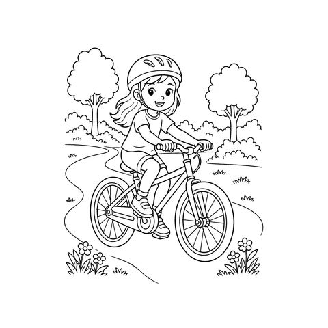 Dziewczynka na rowerze – kolorowanka – czarno-biała kolorowanka