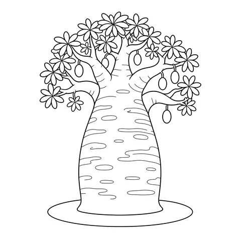 Baobab z potężnym pniem i owocami – kolorowanka