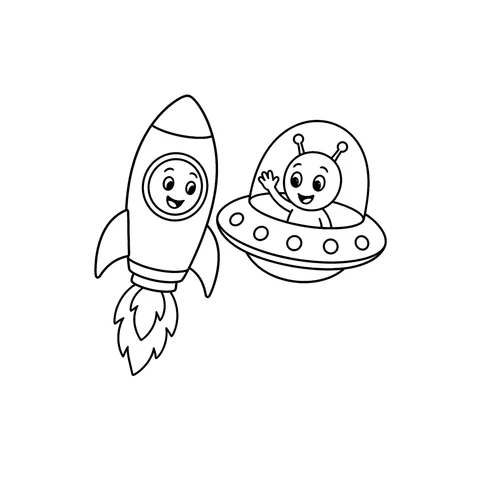 Rakieta i UFO – kolorowanka – czarno-biała kolorowanka dla dzieci