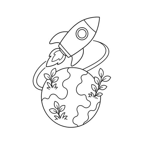 Rakieta nad planetą – kolorowanka – czarno-biała kolorowanka dla dzieci