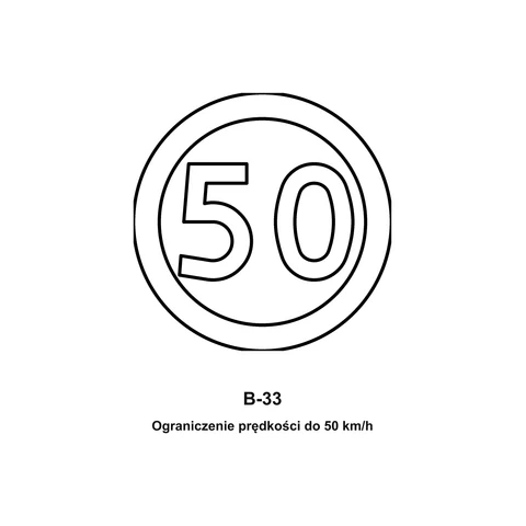 Znak B-33 Ograniczenie prędkości do 50 km/h – kolorowanka – czarno-biała kolorowanka